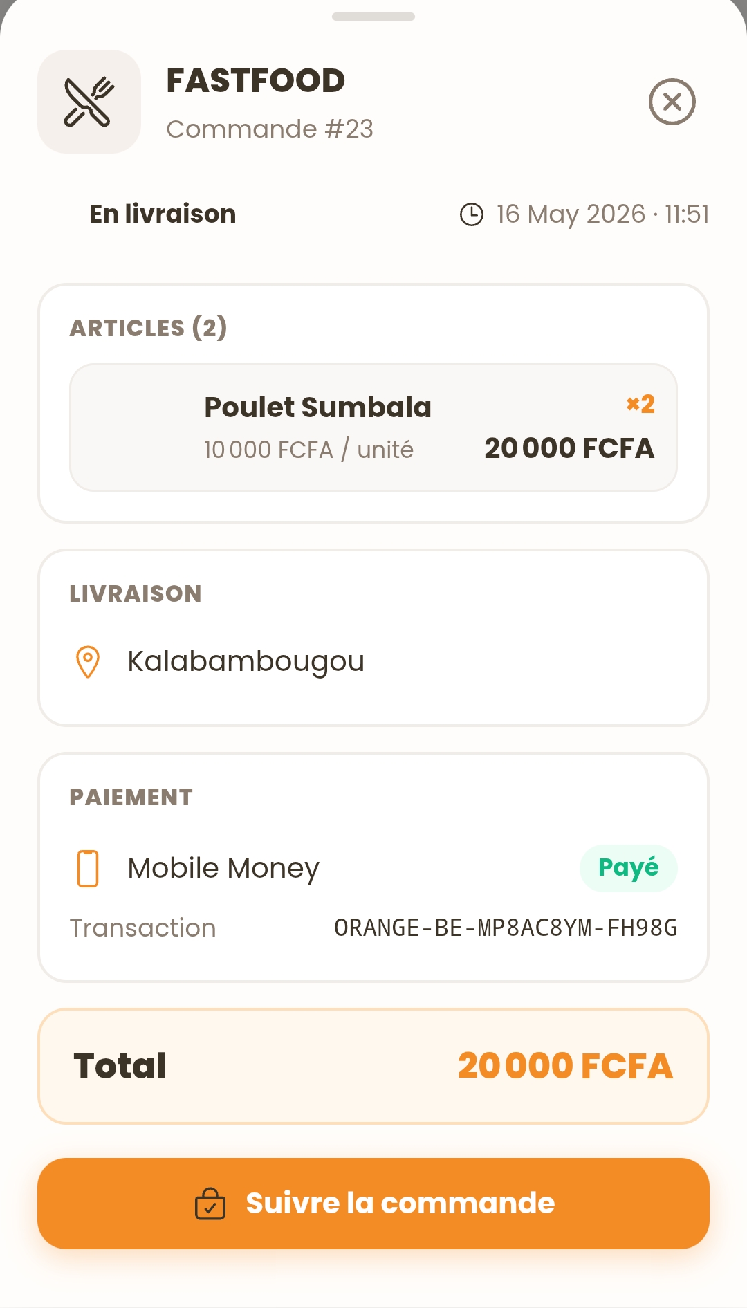 Détail d'une commande BamaEat avec suivi de livraison